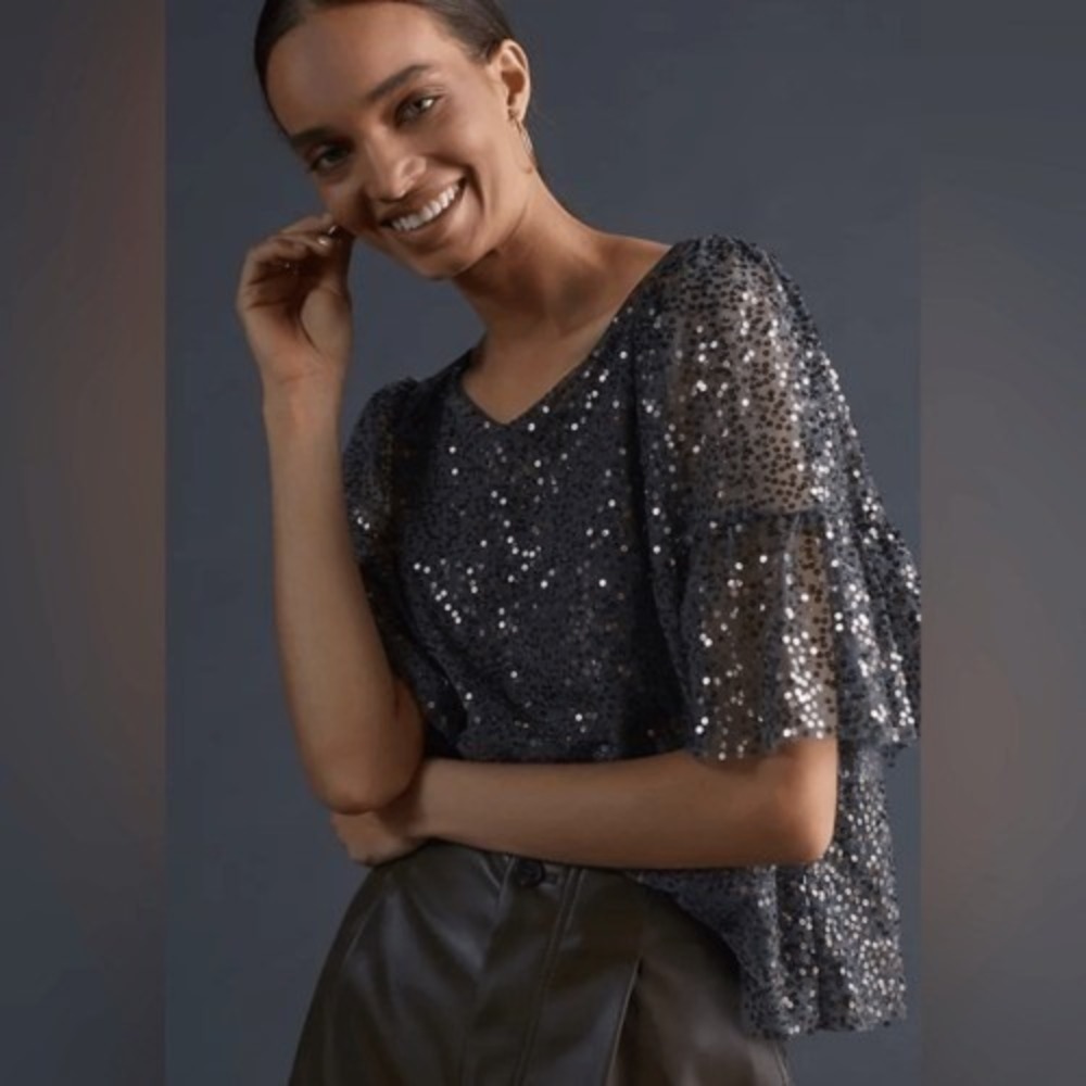 ANTHROPOLOGIE MAEVE Sequined Blouse Top,‎ Dark Gray, Size Small, NWOT